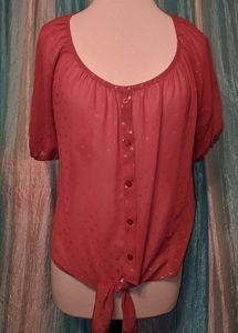 Rue21 front tie top - medium - mauve pink with gold polka dots - sheer